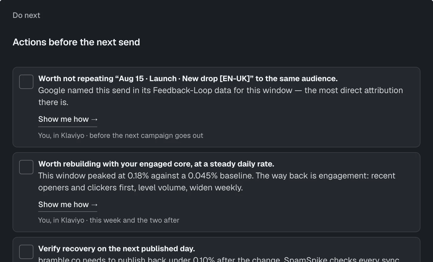 A day’s action list: worth not repeating the named send to the same audience, then rebuild with the engaged core. Demo workspace.